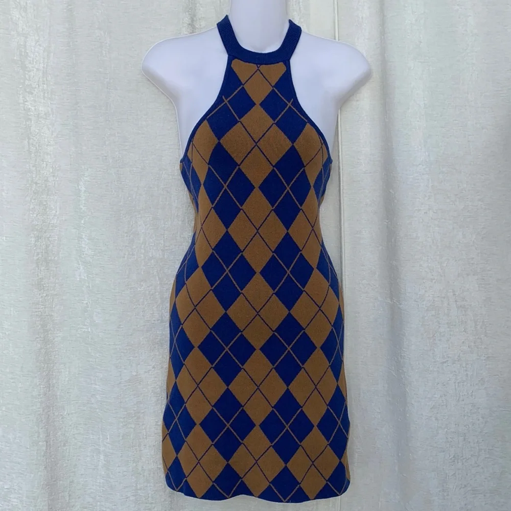 Urban Outfitters Argyle Halter RacerBack Sweater Dress Blue Mustard Yellow - Picture 3 of 12